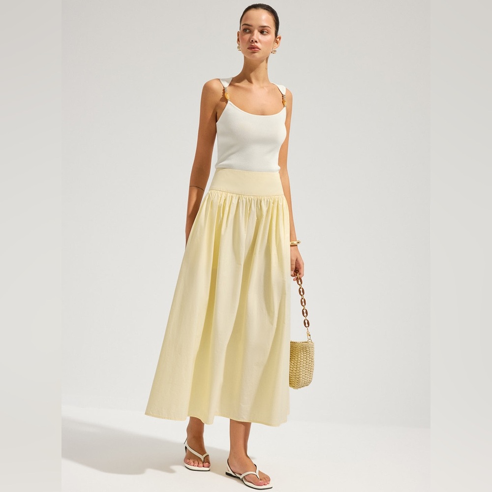Commense Light Yellow Midi Skirt - Flowing Gathered Waist